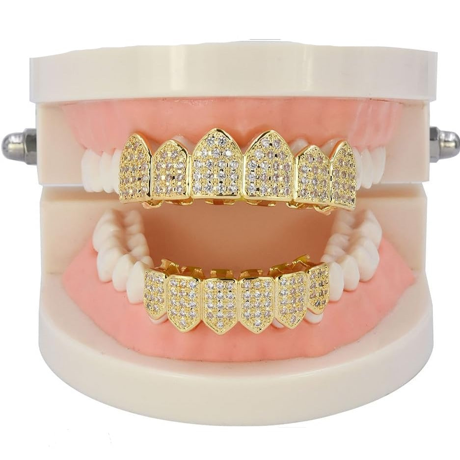 Grillz Diamond Grills for Your Teeth for Men Women 18K Gold Plated Iced Out Macro Pave Cubic Zirconia Mouth Grill with Extra Molding Bars Included