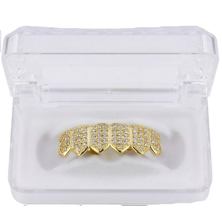 Grillz Diamond Grills for Your Teeth for Men Women 18K Gold Plated Iced Out Macro Pave Cubic Zirconia Mouth Grill with Extra Molding Bars Included